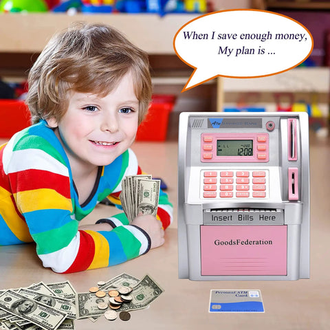 Child smiling beside Dope ATM Piggy Bank For Real Money With Card Access And 4 Digit PIN Balance Checker With Voice Prompts