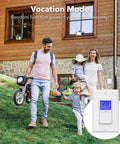 Family outside home with 7 Day Programmable In Wall Light Timer Switch With Blue Backlight Digital Indoor Timer overlay.
