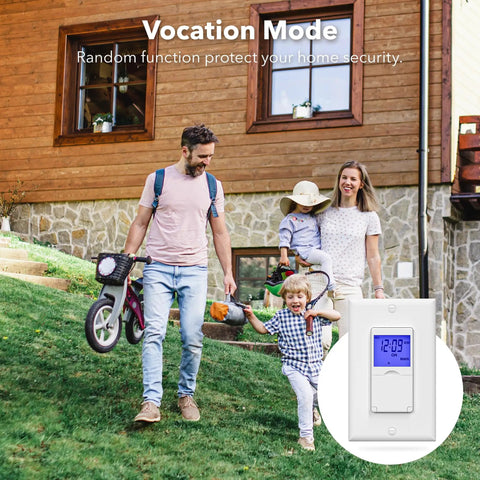 Family outside home with 7 Day Programmable In Wall Light Timer Switch With Blue Backlight Digital Indoor Timer overlay.