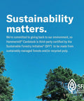 Sustainability message with SFI Certified Sourcing logo, blue sky, and green trees.