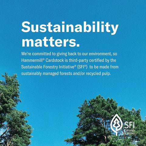 Sustainability message with SFI Certified Sourcing logo, blue sky, and green trees.