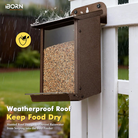 Weatherproof Metal Wall Mounted Bird Feeder With Heavy Duty Roof And Detachable Easy Clean System installed outdoors on fence