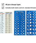 Image of 2 In 1 Thread Checker And Nut Bolt Identifier Gauge Set With 40 Sizes For Quick And Accurate Thread Sizing In Hardened Steel Blue 2 Piece Kit, showing metric and U.S. standard threads, 40 sizes chart.