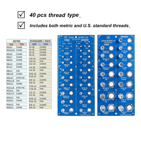 Image of 2 In 1 Thread Checker And Nut Bolt Identifier Gauge Set With 40 Sizes For Quick And Accurate Thread Sizing In Hardened Steel Blue 2 Piece Kit, showing metric and U.S. standard threads, 40 sizes chart.