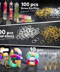 Assorted keychain supplies including 100 pieces screw eye pins, 100 pieces jump rings, and 10 pieces rings with chains for crafts.