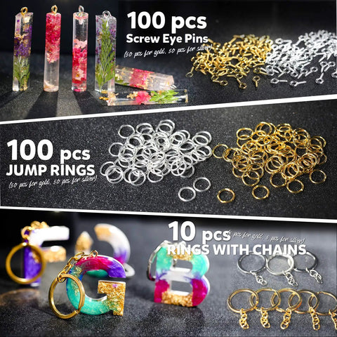 Assorted keychain supplies including 100 pieces screw eye pins, 100 pieces jump rings, and 10 pieces rings with chains for crafts.