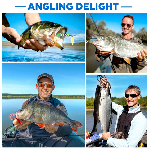 Anglers showcasing catches using All In One Fishing Lure Kit With 137 Piece Tackle Box Included Crankbaits Spoons Hooks Weights.