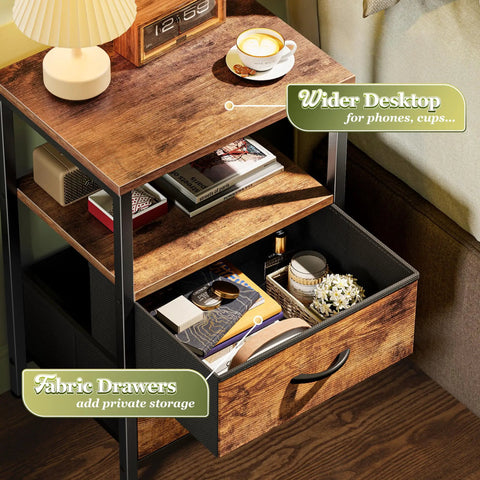 Two Drawer Nightstand Set With Open Shelf And Wooden Top Rustic Brown Bedside Table For Bedroom Fabric Drawer End Table