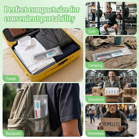 Bulk 100 Pack Travel Hygiene Kits with toothbrush, toothpaste, comb in suitcase, gym, camping, donation, and backpack settings.