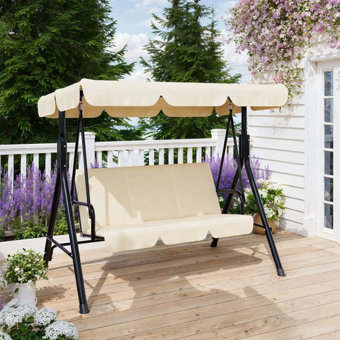 Outdoor Porch Swing With Adjustable Canopy, 3 Seat Patio Swing On A Sturdy Stand For Adults, set on wooden deck with gardens