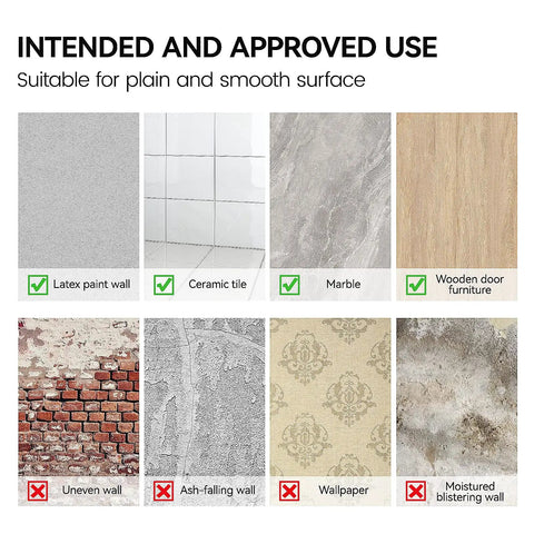 Approved surfaces for 18 Piece 12x12 Inch Mirror Tiles For Wall Or Door Easy DIY Full Length Body Mirror, showing suitable and unsuitable examples.