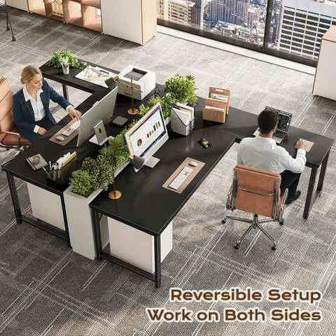 63 Inch L Shaped Desk With Power Outlets And USB C Port, Reversible Corner Computer Desk for office setup with two people.