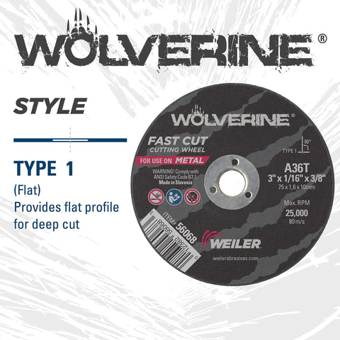 3 Inch Cutting Wheel For Steel And Metal With Fast Cut Performance, Open Arbor, Dual Reinforcement, One Sixteenth Inch Thick, A36T Type One