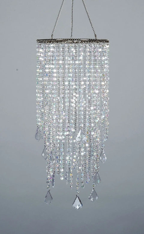 Two Tier Sparkling Iridescent Acrylic Beaded Hanging Chandelier Light Fixture For Weddings Prom Dance Floor Ready Decor Centerpieces And Party Decor W8.5 X H20 For Any Event And More, iridescent beads shimmer against a plain background
