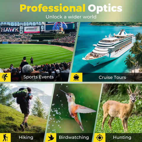 Collage showing different uses for 15x56 High Power Monocular Telescope with sports, cruise, hiking, birdwatching, and hunting.
