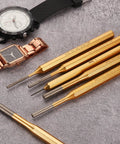 Heavy Duty Pin Punch 1/4 Inch Head 150Mm Length Alloy Steel Alignment Driver Tool For Beating Out Stubborn Pins In Auto Shop Repairs Watch Jobs And Jewelry Crafts with golden punches.