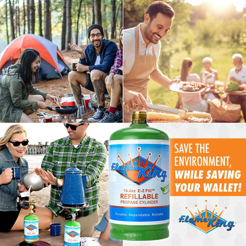 Collage of people camping with Empty Refillable 1 Pound Propane Tank Cylinder 4 Pack For Camping Backpacking And Hiking Eco Friendly Reusable DOT Compliant Green 16 Ounce Capacity Includes Caps And Allen Keys in outdoor setting.