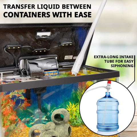 Battery Powered Fuel Transfer Pump With Auto Stop, 3x More Powerful For Gas, Water And Other Liquids, Extra Long Hose And Suction Tube, Portable One Hand Operation At 2.4 Gal Per Minute shown with tank