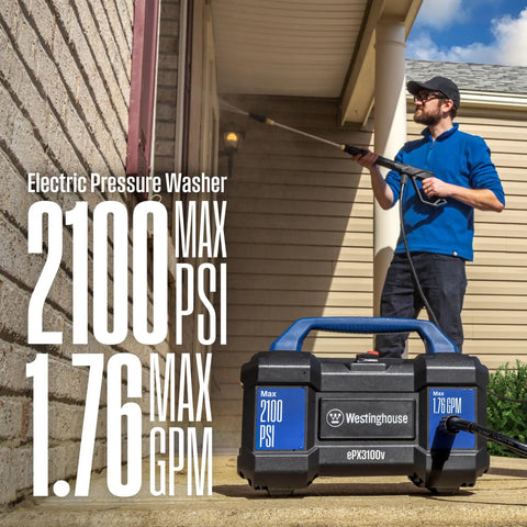 Powerhouse Electric Pressure Washer With 2100 Max PSI And 1.76 Max GPM Lightweight 18 Lb with built-in carry handle in use on house siding