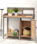 Sturdy Wooden Potting Bench With Sink For Outdoor Garden Work Table With Storage Cabinet And Shelves Weather Resistant Lawn Patio Station