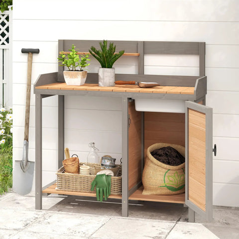 Sturdy Wooden Potting Bench With Sink For Outdoor Garden Work Table With Storage Cabinet And Shelves Weather Resistant Lawn Patio Station