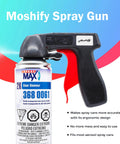 Moshify spray gun with black body and red trigger beside a Spray Max 2K Clear Glamour aerosol can