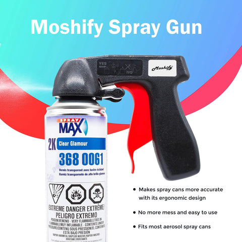 Moshify spray gun with black body and red trigger beside a Spray Max 2K Clear Glamour aerosol can
