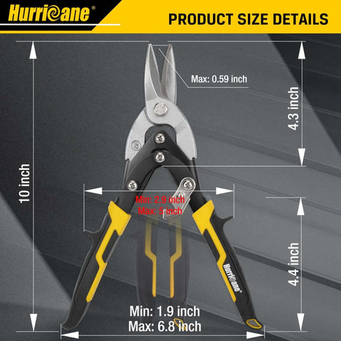 10 Inch Aviation Tin Snips With High Leverage Dual Pivot Cr-Mo Cutters for Clean Straight Cuts on Metal Sheets size chart