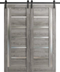 Nebraska Gray Frosted Glass Double Sliding Barn Door Set With Solid MDF Core, 84 By 96 Inches, Black Rail Hardware Included