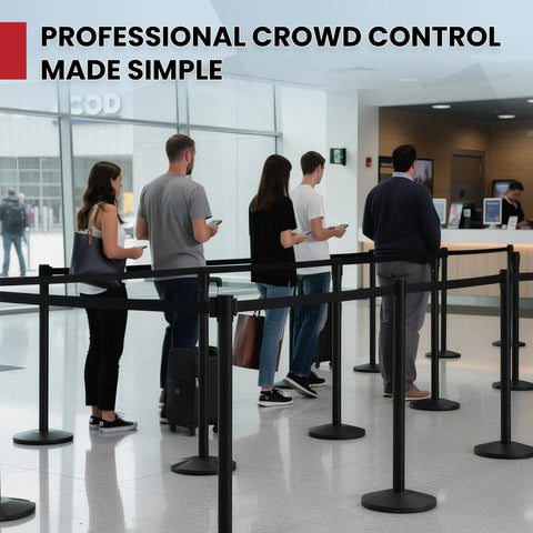 Indoor airport scene with Beefy Two Pack Stanchion Belt Barriers With 11 Foot Black Belts And 40 Inch Posts in use