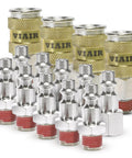 VIAIR 1/4 in NPT high-flow couplers with brass bodies and 1/4 in quick-connect studs (front view)