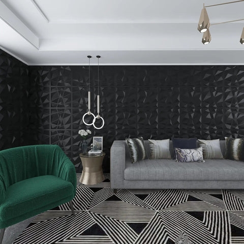 3D Paneling Set Textured Wall Design Bangin Black Diamond Finish Durable PVC Panels For Waterproof Heat Resistant Odorless Interior Walls Easy Cut Install Low Maintenance 19.7 By 19.7 Inches 12 Pack