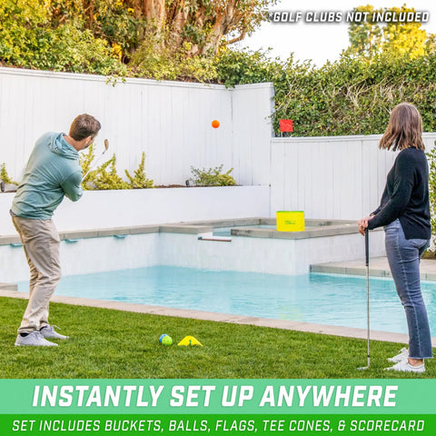 Yard Links Backyard Golf Game Outdoor Chipping Set For Family Fun And Your Crew Easy To Learn On The Lawn Beach Or Park Build A 3 Hole Course Includes 3 Buckets 3 Flags 3 Tee Markers 4 Golf Balls Scorecard And Carry Case. Two people play backyard chipping game by pool