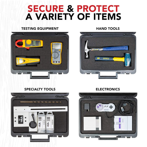 Open Universal Hard Carrying Case With Premium Kaizen Pick And Pluck Foam showing tools and electronics safely secured in layout.