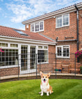 12 Panel Garden Fence With 1 Gate 26 Feet Long And 36 Inches High Rustproof Metal Wire No Dig Animal Barrier enclosing yard with dog