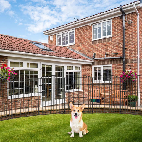 12 Panel Garden Fence With 1 Gate 26 Feet Long And 36 Inches High Rustproof Metal Wire No Dig Animal Barrier enclosing yard with dog