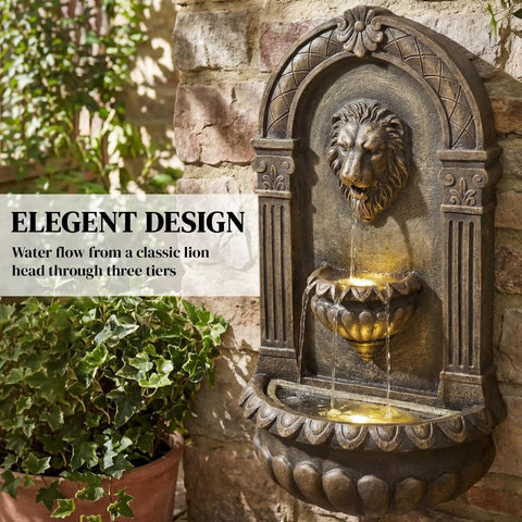 Wall Mounted Outdoor Fountain With 3 Tier Cascade, Adjustable Flow And LED Lights, Bronze Resin Garden Fountain for patio