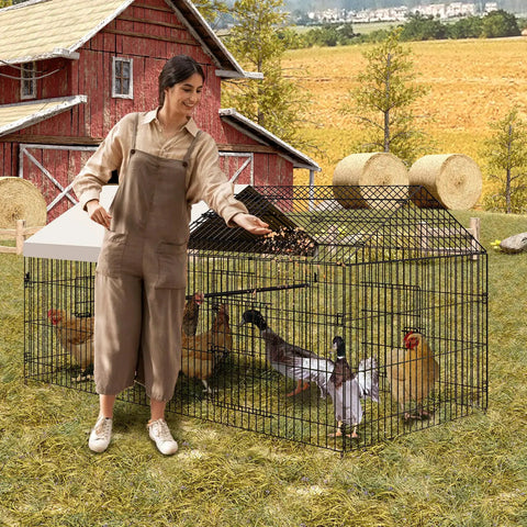 Heavy Duty Metal Chicken Coop With Waterproof And Anti UV Cover No Fuss Portable Chicken Run For Yard Poultry Cage Hen House For Backyard Farm Use 86 Inch Long By 40 Inch Wide By 40 Inch High Rust Resistant Epoxy Coated Frame Ground Nails Included in use with chickens near a red barn.