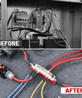 Heavy Duty 150A 12V Bus Bar With Cover, Dual Terminal Block For Car Boat Marine Solar Systems, 4 M6 Studs And 6 M4 Studs, 48V DC Ready, Keeps Wiring Clean And Safe, Black And Red installed in a neat after wiring setup