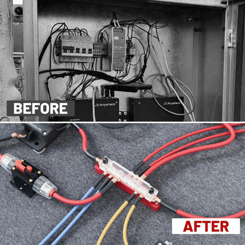 Heavy Duty 150A 12V Bus Bar With Cover, Dual Terminal Block For Car Boat Marine Solar Systems, 4 M6 Studs And 6 M4 Studs, 48V DC Ready, Keeps Wiring Clean And Safe, Black And Red installed in a neat after wiring setup