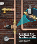 1-1/4 Inch NR3XL Pressure Reducing Valve With Union installed on copper pipes, female x female NPT, compact length for tight spaces