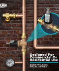 Zurn Wilkins NR3XLDU 1-1/4-in pressure reducing valve with double union FNPT connection, installed on copper piping
