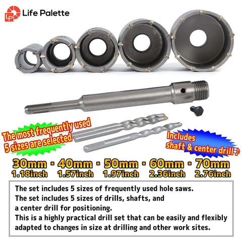 Life Palette hole saw kit with five saws (30–70mm) plus shaft and center drill for SDS‑Plus hammer drills