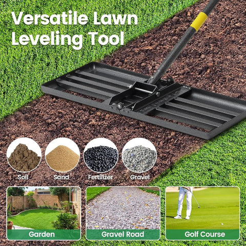 Heavy Duty Lawn Leveling Rake With 30 By 10 Inch Foldable Leveler Plate And 6 Foot Adjustable Handle used on golf course