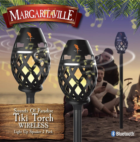 Waterproof Tiki Torch Bluetooth Speaker Two Pack Portable Party Speaker With Flickering LED Lights Perfect For Travel Backyard Parties Poolside And More, showing tiki torch design and LED flicker.