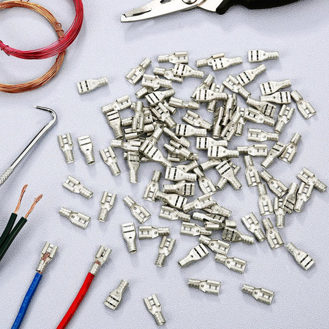 High Temperature Female Non Insulated Spade Connectors Pro Grade 100 Pack For 12 To 10 Gauge Quick Disconnect One Quarter Inch Female Tab Wire Splice Connectors For Strong Crimps In Electrical Terminals on a table with tools