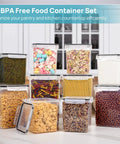 10 Piece Flour And Sugar Storage Containers With Airtight Lids Large BPA Free Plastic Canisters displayed with colorful food items.