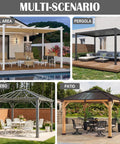 Collage of outdoor setups with pavilions and pergolas for pool, pergola, gazebo, and patio areas.