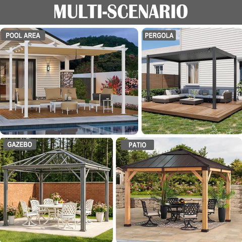 Collage of outdoor setups with pavilions and pergolas for pool, pergola, gazebo, and patio areas.