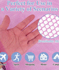 Hand holding pink mesh fabric showing detail of Six Colorful Mesh Drawstring Bags Set 14x18 Inch For Gym Gear Laundry Beach And Toys Easy Lock Closure